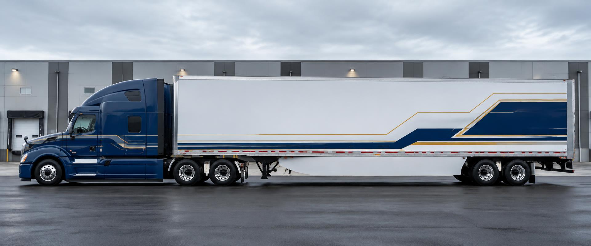 Full side profile of a navy and white semi truck